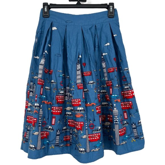 London Cityscape Print Double Decker Bus Taxi Blue Red Pleated Skirt Size XS - Picture 1 of 10